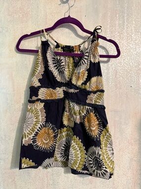 BCBGMaxAzria Navy Floral Halter With Shoulder Tie Olive and Mustard Accents